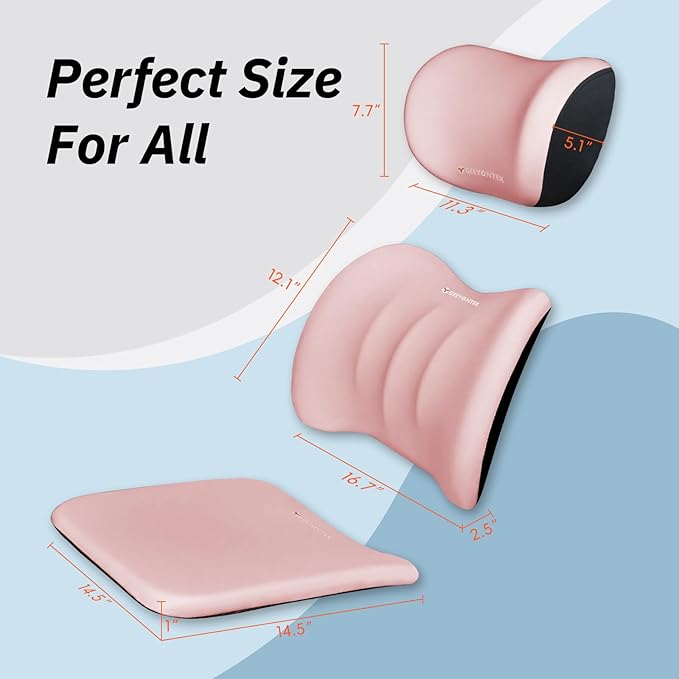 GEEYONTEK Car Seat Cushion with Neck Pillow & Lumbar Support Kit Back Sciatica Tailbone Pain Relief Car Pillows Ergonomic Memory Foam Back Support for Driving Seat Office Chair Wheelchair Pink