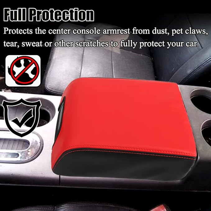 XITER 1PC Leather Center Console Armrest Box Cover Waterproof Cushion Pad for F150 2004-2008 Not Fit Jump Seat Console(Red+Black)