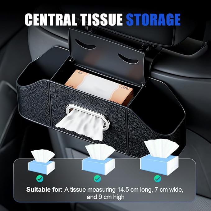Multifunctional Car Back Seat Storage Organize with Tissue Holder, 2 Cup Holders and Purse Hooks, For Phones, Snacks, Drinks, Bags, Travel Storage (Orange)