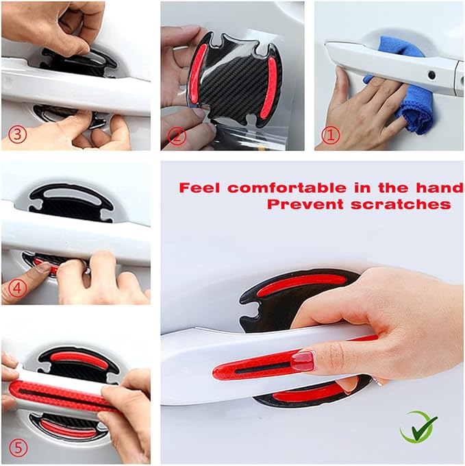 8pcs Universal Carbon Fiber Texture Car Door Handle Scratch Protector Cover - Reflective Stickers (Red)