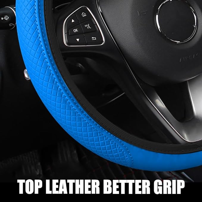 Car Steering Wheel Cover, Universal 14.5-15 Inch Blue Leather Steering Wheel Wrap with Better Sport Grip for Men Women, Anti-Slip Breathable Car Interior Accessories for Most Vehicles (Blue)