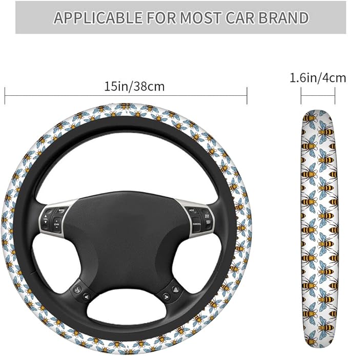 Swono Bee Cute Steering Wheel Cover Universal 15 Inch Cartoon Bees Black and Yellow Neoprene Car Steering Wheel Covers Stretchy Car Accessories for Women