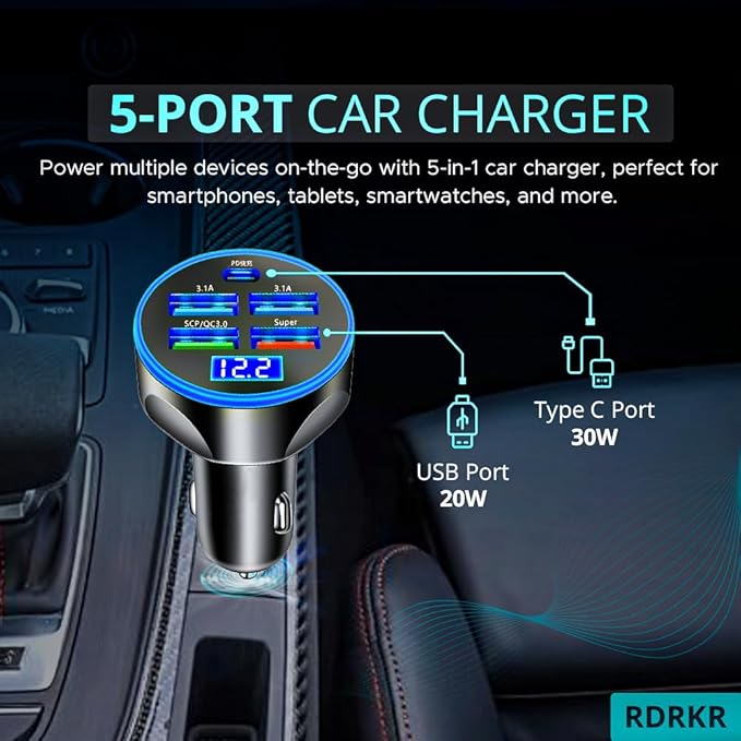 Car Charger 5 Port Cigarette Lighter USB Adapter LED Voltage Monitor (4USB+PD) Cigarette Lighter Adapter USB C Compatible with Android/iPhone and Tablets Devices (Pack of 2)