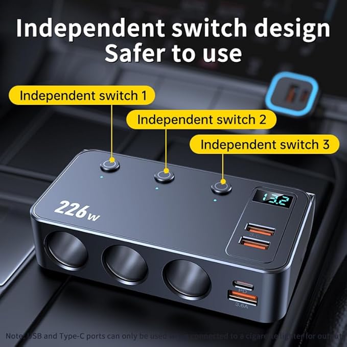 226W Car Charger Cigarette Lighter Splitter, 9-in-1 Multi-Port Car Power Adapter with 3 Sockets, Dual PD USB-C, 4 USB Ports, LED Voltmeter, Fast Charging for 12V–24V Vehicles