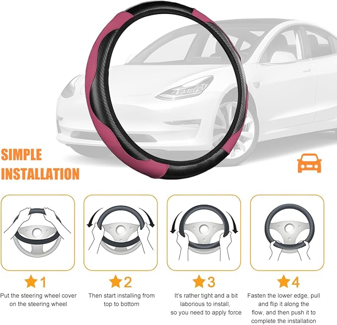 Carbon Fiber Car Steering Wheel Cover, 14.5-15 Inch Elastic Stretch Steering Wheel Guard, Sports Style Non-Slip Automotive Interior Accessories, Universal for Vehicles (Black/Wine Red)