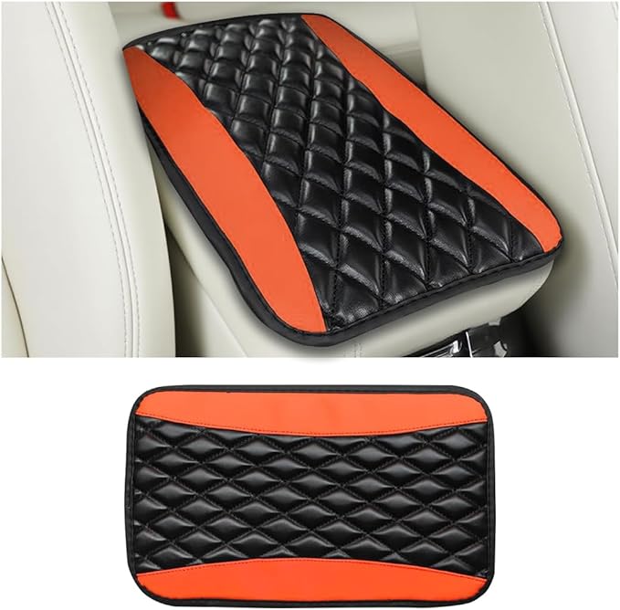 Car Center Console Cover, Comfortable PU Leather Vehicle Armrest Storage Box Cushion Pad, Anti-Scratch Automotive Interior Arm Rest Cover Protector, Universal for Truck SUV Sedan (Orange)