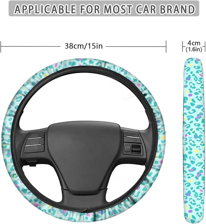 Universal Non-Slip Steering Wheel Cover, 15-inch Polyester Material Driving Accessories, Adjustable for Car and Truck(Mint Green Colorful Leopard)
