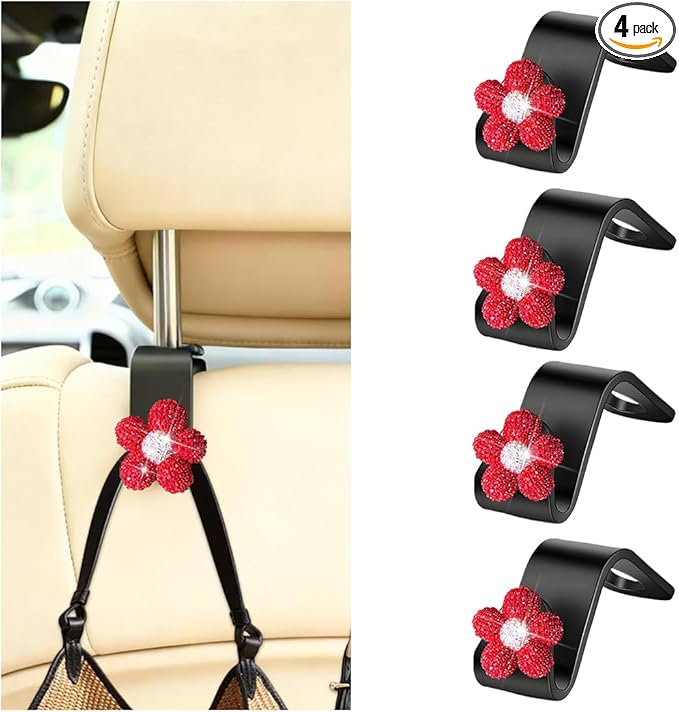 Bling Car Seat Headrest Hook, 4PCS Daisy Crystal Rhinestone Vehicle Backseat Hanger Storage Hook for Purses Bags, Auto Interior Headrest Storage Organizer Decorations, Universal Fit (Red)