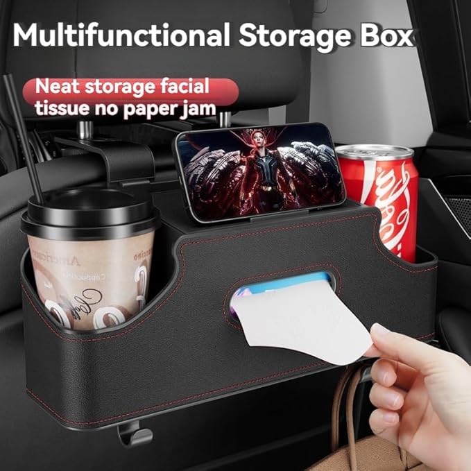 3-in-1 Car Backseat Organizer, Multifunctional Car Seat Back Storage Box, Car Storage Organizer with Cup Holders Tissue Box for Travel, Road Trip (Brown)