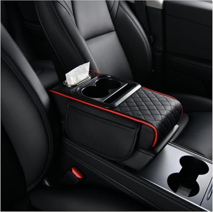 Car Armrest Storage Box for Acura ADX 2025, Center Console Organizer with Side Pocket, Ergonomic Memory Foam Armrest Cushion, Car Elbow Support Pad,B Black Red