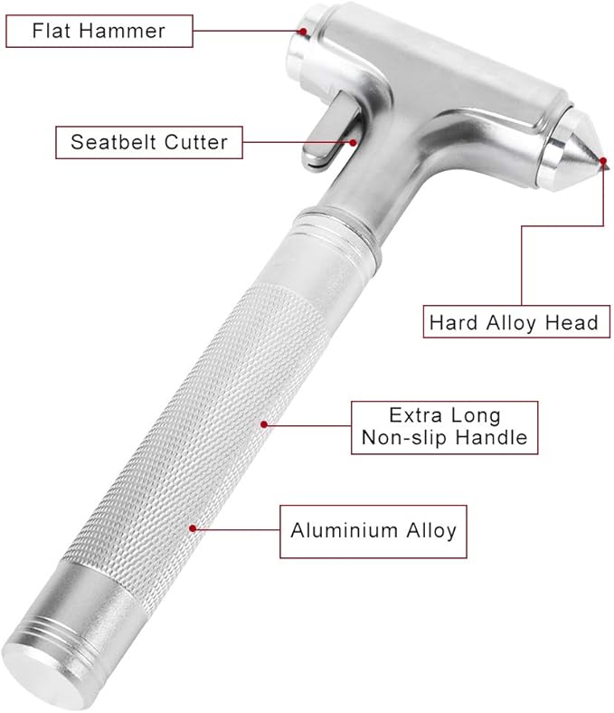 MOTORBUDDY Car Safety Hammer, Fireproof Metal Emergency Escape Hammer with Hard Alloy Head Window Breaker and Seat Belt Cutter, Aluminium Alloy Emergency Escape Tool for Car Accidents