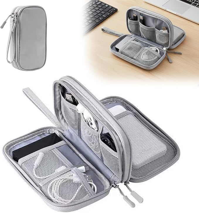 Travel Cable Organizer Pouch, 2026 Updated Cord Organizer Box, Double Layers Electronics Cable Organizer Box, All in One Cable Organizer Bag for Cable, Cord, Charger, Adapter, SD Card (Gray)