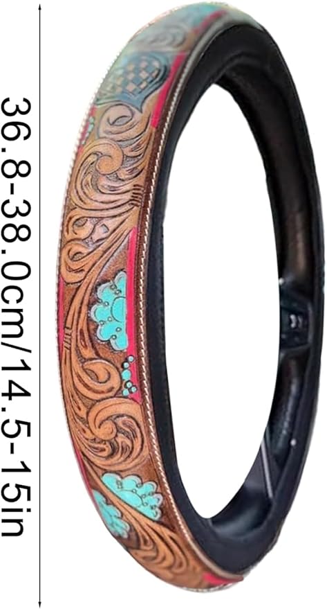 Western Steering Wheel Cover 14.5–15" – Retro Tooled Leather Pattern, Universal Anti-Slip Car Accessories for Trucks SUVs Cars, Boho Cowgirl/Cowboy Gift (C)
