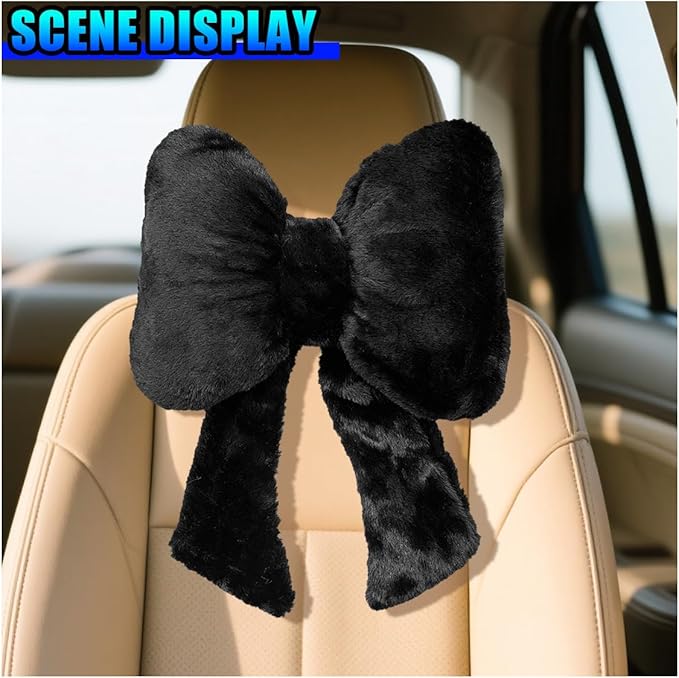 Bow Car Headrest Pillow, Plush Soft Comfortable Warm Car Neck Pillow with Adjustable Strap, Universal Breathable Ergonomic Vehicle Interior Neck Support Cushion for Fatigue Relief(Black)