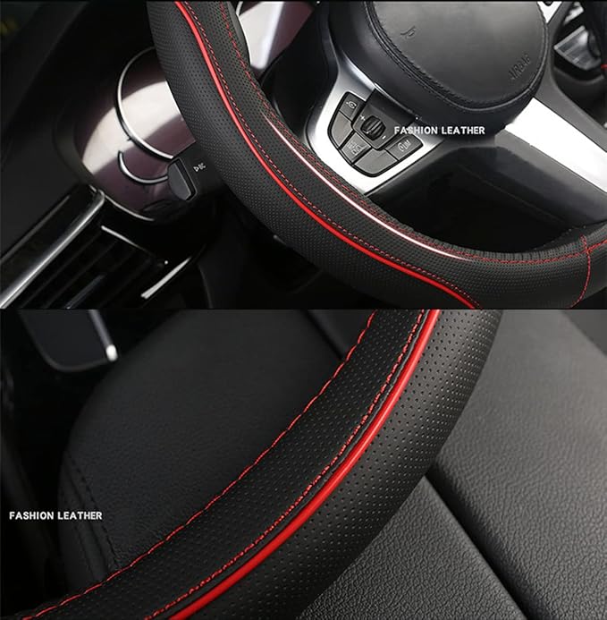 D Shape Car Steering Wheel Cover, Universal 15 inch Stitching Color Anti-Slip Steering Wheel Protector, Red and Blue Stitch Design