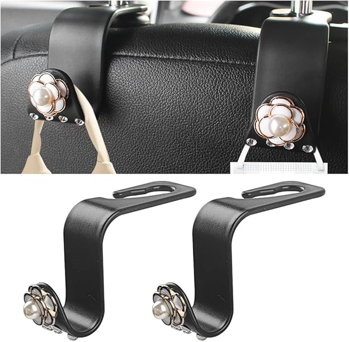 Bling Car Seat Headrest Hook, 2PCS Crystal Rhinestone Vehicle Purse Bags Holder, Diamond Automotive Interior Backseat Storage Hanger Accessories, Universal for SUV, Sedan, Truck (White)