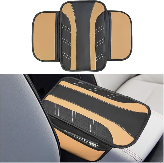 Car Center Console Cover, Soft Leather Sporty Armrest Protector Cushion with 2 Storage Pockets, Comfortable Auto Interior Middle Console Arm Rest Box Pad, Universal for Vehicles (Beige)