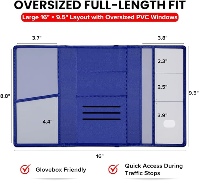 LINTRU Car Registration and Insurance Holder Trifold, Oversized Fit with Reinforced Construction, Matte PU Leather Vehicle Glove Box Organizer for Documents, Car Accessories for Men and Women