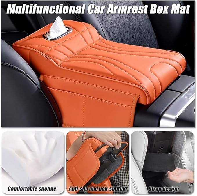 Car Armrest Cushion for Toyota Highlander/Avalon/Sienna 2000-2025, Car Middle Center Console Cover with Storage Bags and Tissue Box, Auto Interior Armrest Protector Pad,A Black