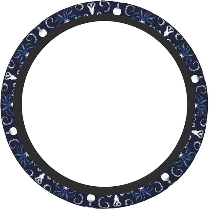 Squids and Octopi in Navy Car Steering Wheel Cover, 15 Inch Steering Wheel Cover Stylish Decor for Most Cars