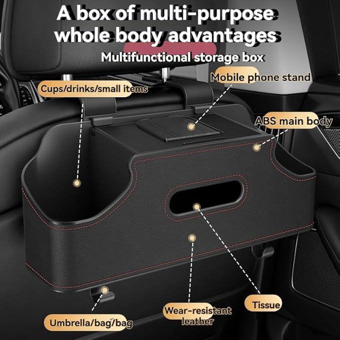 3-in-1 Car Backseat Organizer, Multifunctional Car Seat Back Storage Box, Car Storage Organizer with Cup Holders Tissue Box for Travel, Road Trip (Beige)