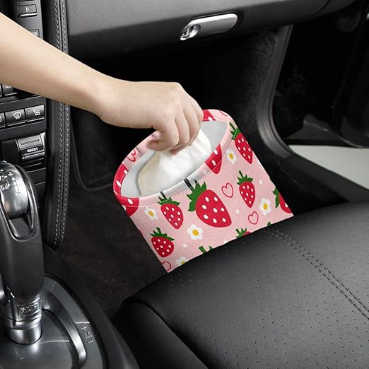 Strawberry and Flower Car Trash Can Waterproof Garbage Can Car-Seat Back Hanging Trash Bag Portable Camping Waste Bin Storage Bag Collapsible Rubbish Container for Women Car (5.9" W,7.2" H)