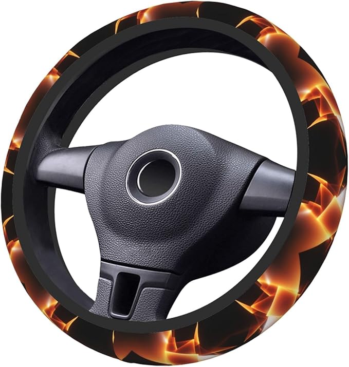 Black Orange Fire Geometric Universal Fit Steering Wheel Cover for Car, Truck, and SUV, Durable Steering Wheel Protection