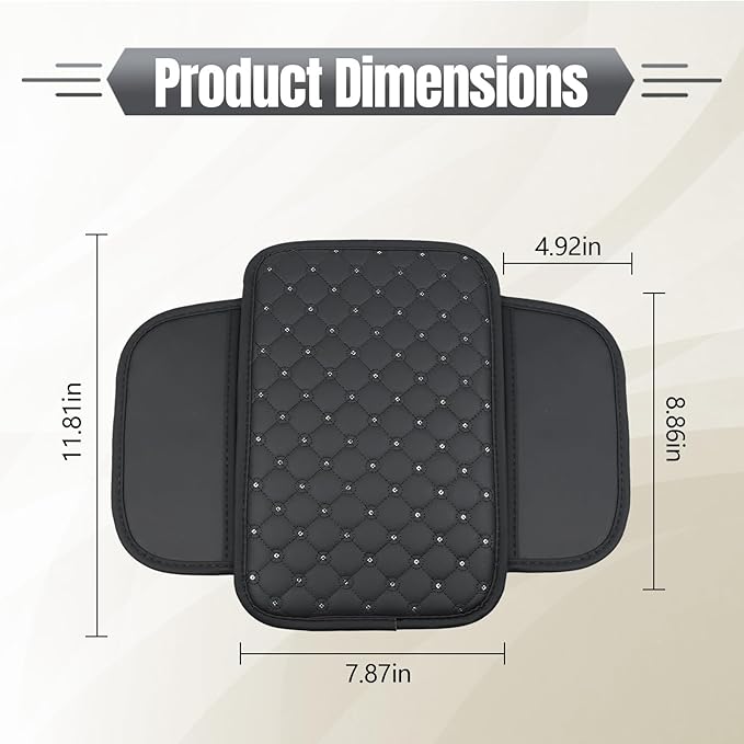 wuyaoyao Bling Car Center Console Cover, 11.81"×7.87" Leather Auto Arm Rest Cover Protector with 2 Storage Bags, Vehicle Crystal Rhinestone Armrest Cushion Pad, Interior Car Accessories (Black)