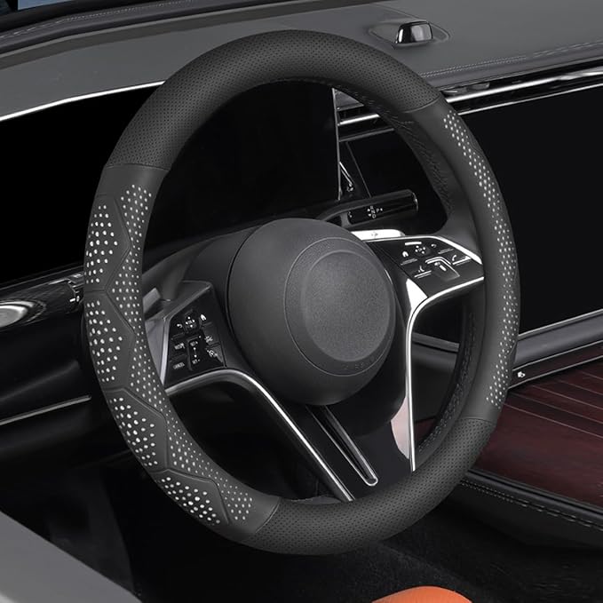Car Steering Wheel Cover, Anti-Slip Breathable Leather Automotive Steering Wheel Protector, Soft Comfortable Vehicle Interior Protective Accessories, Universal for RV, SUV, Truck (White)