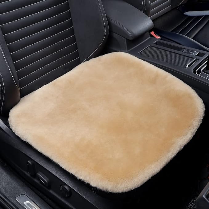 Genuine Sheepskin Auto Seat Pad, Australian Soft Wool Seat Cover Breathable and Sweat-Wicking Comfort Warm Universal Fit,19.2 inch x19.2 inch (Front seat Cushion 1pc, Khaki)