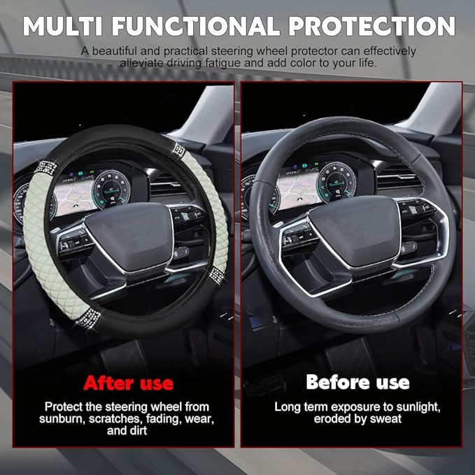 Car Steering Wheel Cover, Steering Wheel Accessories, Breathable Microfiber Leather Auto Wheels Protector, Universal 15 Inch Anti-Slip Protector for SUV Sedan Truck (Bling-White)