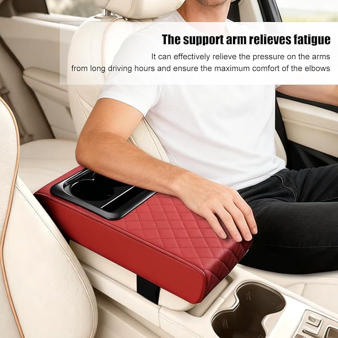 Car Center Console Armrest Pillow, Leather Vehicle Middle Console Protection Cushion with Cup & Phone Holder, Waterproof Automotive Arm Rest Box Cover, Universal Fit (Wine Red Rhombus)