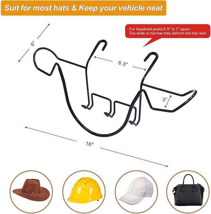 Cowboy Hat Holder Rack for Truck Car SUV Hard Hats Stand Western Accessories for Men Women Travel Automotive Seat Back Storage Organizer Hardhat Hanger with Hooks Gifts for Most Hats
