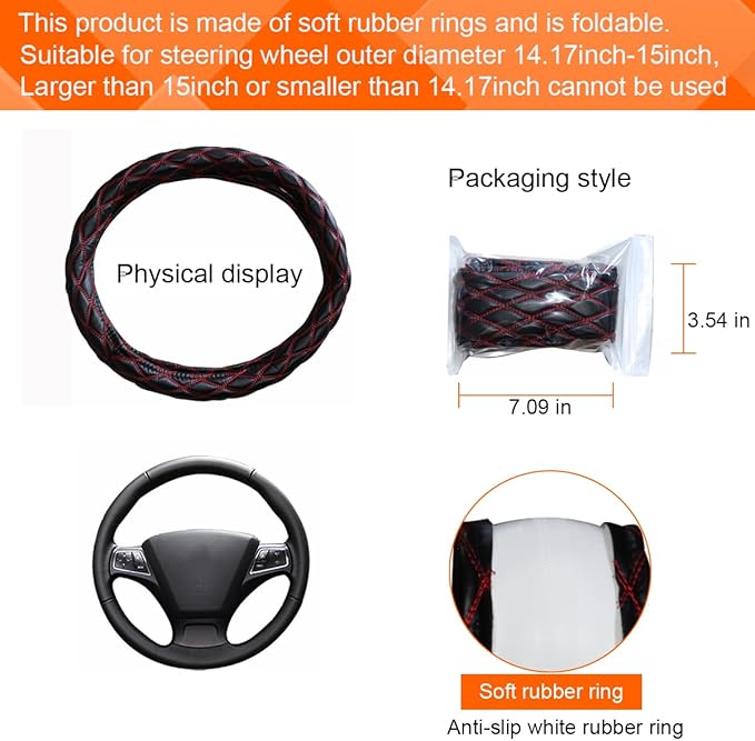 Car Steering Wheel Cover, 15" Soft Rubber Foldable Vehicle Steering Wheel Protector with Anti-Slip Lining, Automobile Interior Decoration Accessories, Universal for Most Vehicles (Black/Red)