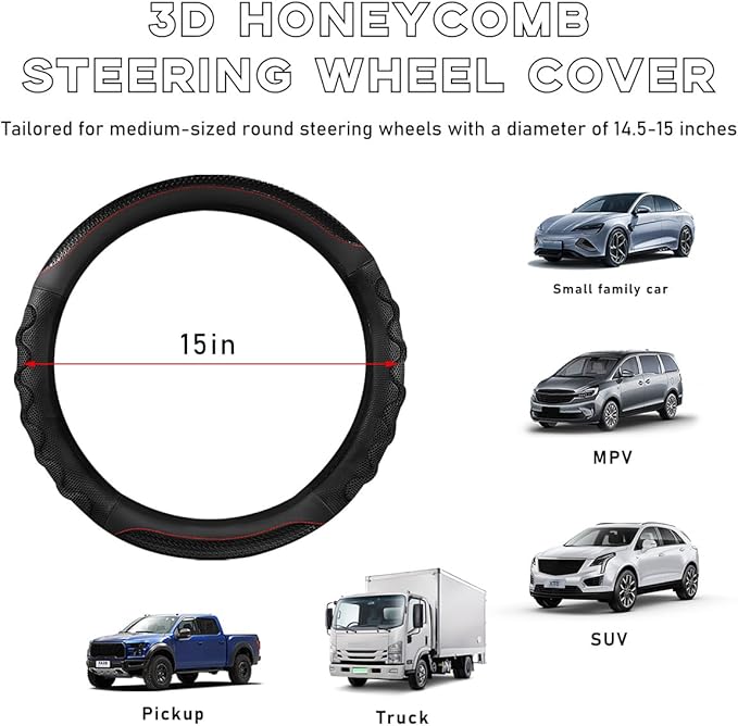 Car Steering Wheel Cover, 15 Inch Leather Round Comfy Grip Steering Wheel Protector, Anti-Slip Steering Wheel Cover with 3D Honeycomb for Most Vehicles, Car Accessories (Black)