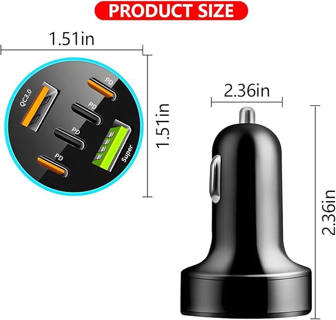 6 Ports 66W Car Charger, 12-24V Super Fast Charging with USB PD&QC 3.0 with LED Voltmeter for Cigarette Lighter Plug, Compatible with All Smartphone, Universal Auto Accessories