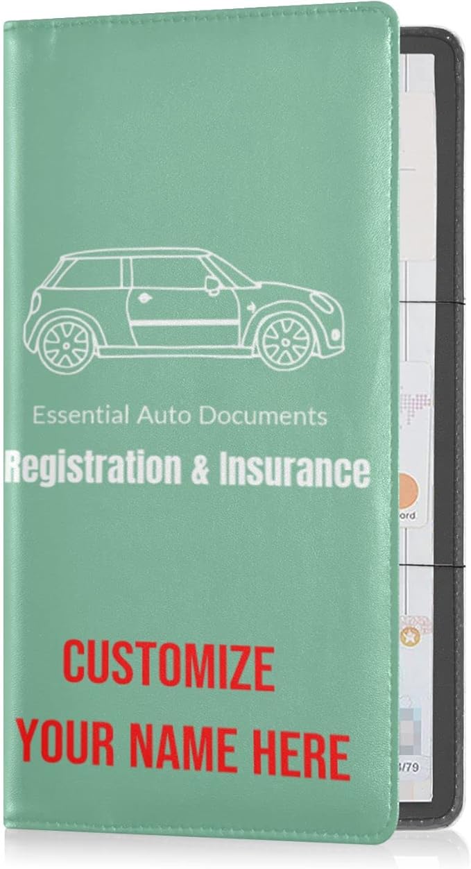 Custom Car Registration and Insurance Card Holder Personalized Leather Glove Box Organize Men Women Wallet Accessories Case for Cards, Essential Document Driver License Sage Green