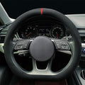 Carodi Suede Steering Wheel Cover ，Non-Slip Leather Car Interior Fitting 15-inch Universal（D-Shape,Black red Label）