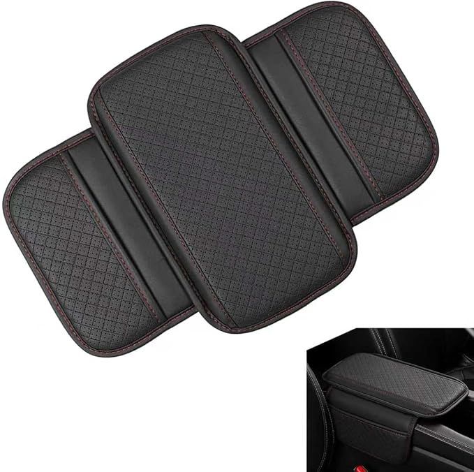 Car Center Console Cover, Perforated Leather Armrest Cushion with 2 Storage Bags, Plaid Arm Rest Box Pad, Car Armrest Storage Box Interior Accessories for Most Vehicles (Black & Red)