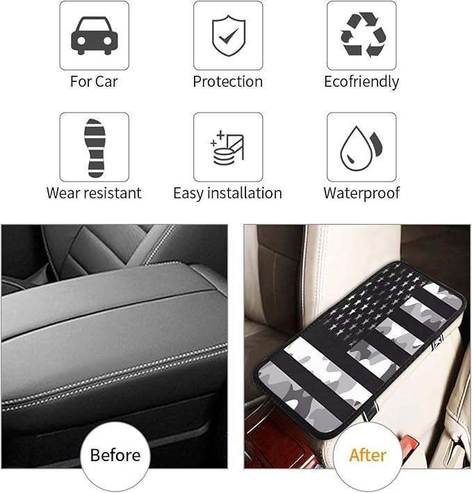 Camouflage Gray Camo American Flag Car Center Console Cover, Universal Waterproof Armrest Pad, Soft Comfort Cushion & Scratch-Resistant Protector for Cars, SUVs and Trucks
