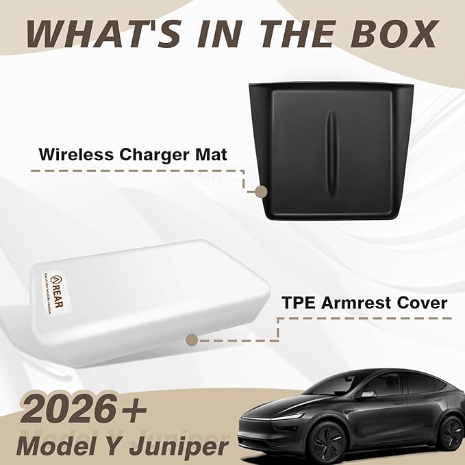 Muslogy Compatible with 2026+ Model Y Juniper Refresh Accessories Armrest Cover Protection TPE (White) & Silicone Mat OEM Style 2PCS Set Non-Slip Waterproof Designed with EZ Snap On