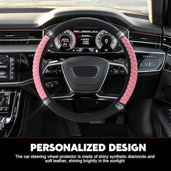 Car Steering Wheel Cover, Steering Wheel Accessories, Breathable Microfiber Leather Auto Wheels Protector, Universal 15 Inch Anti-Slip Protector for SUV Sedan Truck (Bling-Pink)