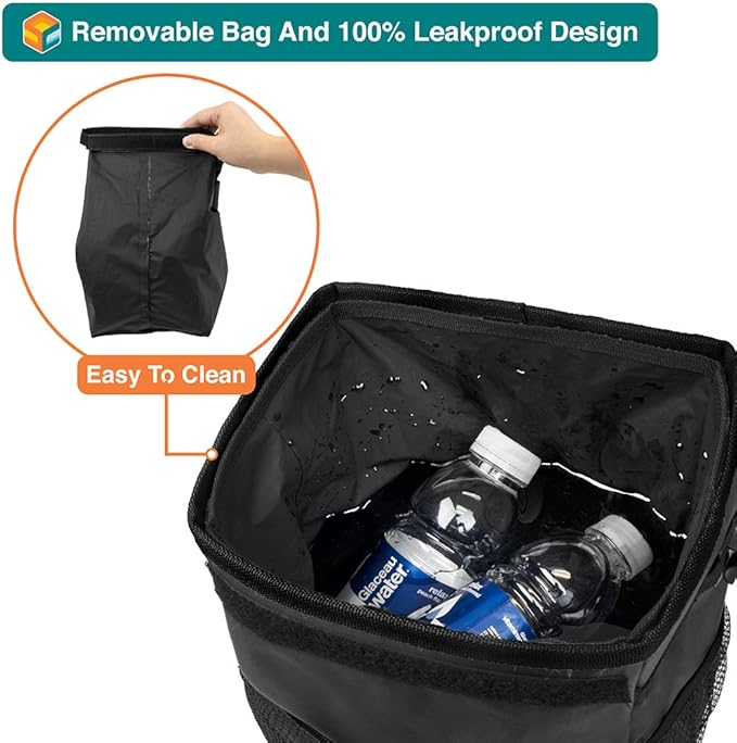 SUN CUBE Waterproof Car Trash Can with Lid, Mesh Pockets | Leakproof Car Garbage Can Hanging | Auto Trash Bin, Garbage Bag Organizer for Headrest, Console, Truck (Black)