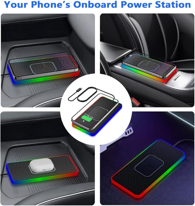 Cordless Car Charging Pad for Mini Electric, 5W/7.5W/10W/15W/20W Charging, Trim-to-Fit Non-Slip Phone Charging Mat with 8 Ambient Light Modes, 100cm Cable,A USB