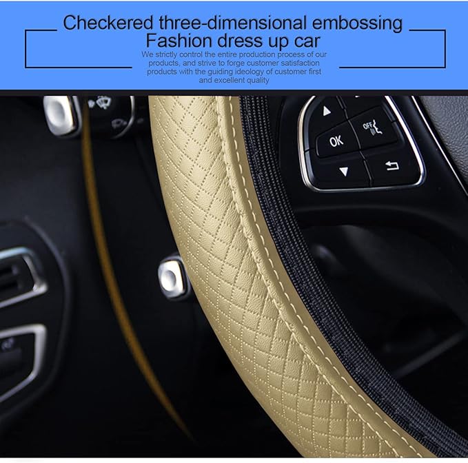 Leather Car Steering Wheel Cover, Elastic, Breathable Anti-Slip, Universal 15 inch, Steering Wheel Cover for Men Women (Beige)