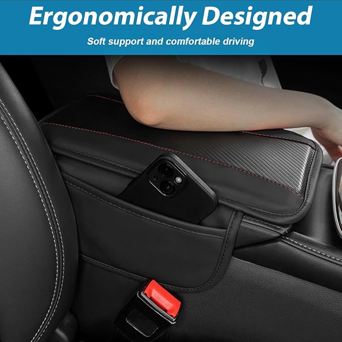 Mandark Car Center Console Cover with 2 Storage Bags, Auto Interior Arm Rest Storage Box Pad Accessories, Carbon Fiber Leather Vehicle Armrest Cushion, Universal for SUV, Truck, RV (Black)