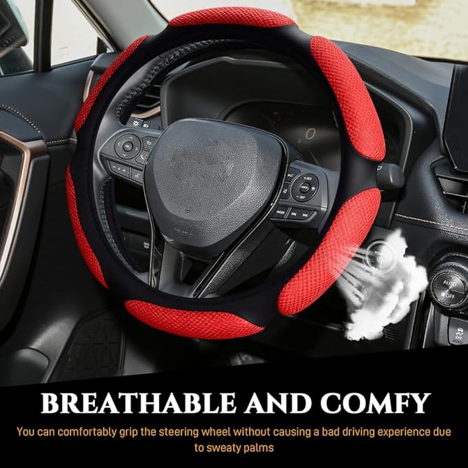 Car Steering Wheel Cover, Breathable Sporty Auto Wheels Wrap, 15 Inch Suede Steering Wheel Protector with Comfortable Grip, Steering Wheel Cover Hand Pad Cushion Slip-on for Cars (Red)