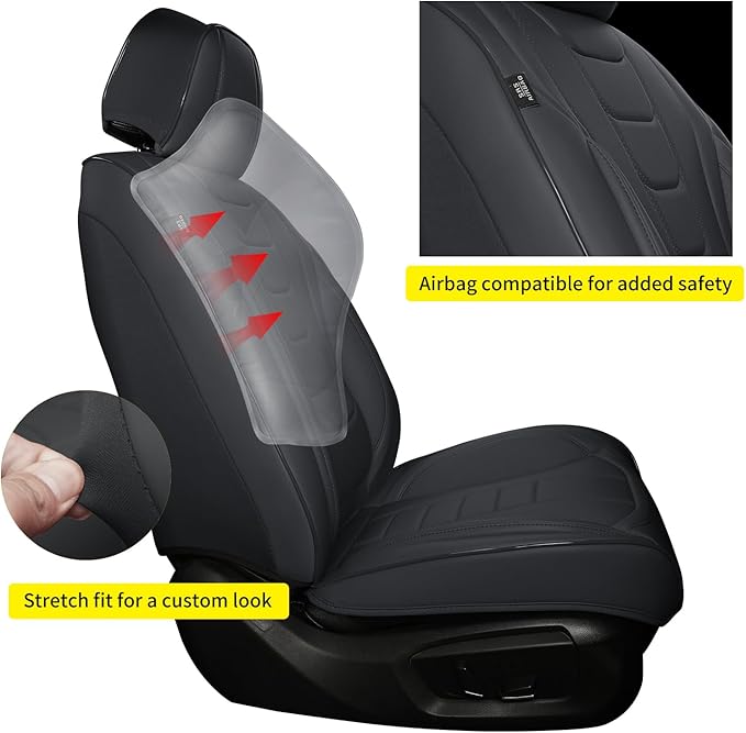 Car Seat Covers for Full Set – Waterproof & Breathable Faux Nappa Leather, 360° Wrap Design, Airbag Compatible, Lumbar Support, Perfect for Drivers With Back Pain From Sitting Too Long – Black