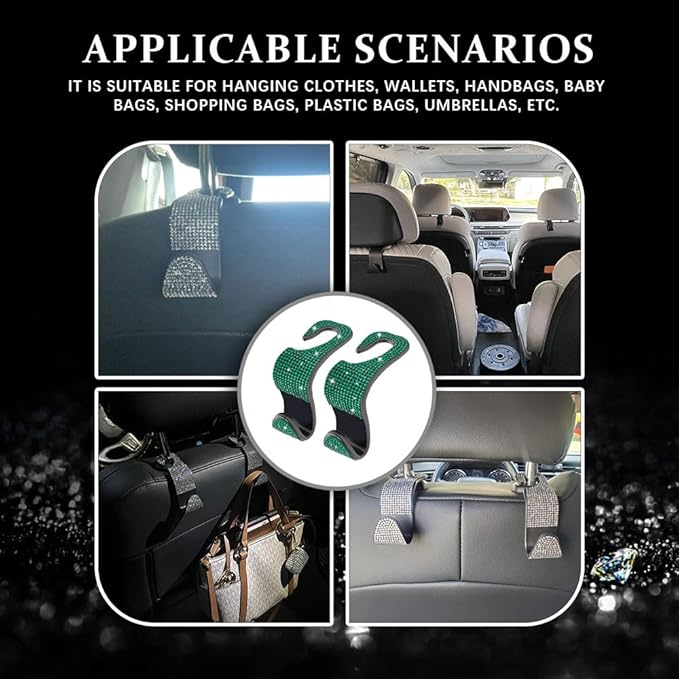 2PCS Car Seat Hooks, Purse Hook for Car, Crystal Rhinestone Vehicle Backseat Purse Holder, Auto Accessories Diamond Auto Seatback Storage Organizer Hanger for Handbag Clothes Purse (Green)