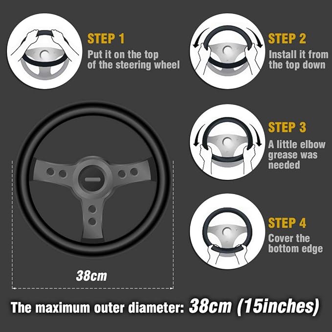 ZHOL Steering Wheel Cover, Universal 15 Inch Fashion Sport Microfiber Leather Carbon Fiber Auto Car Steering Wheel Cover for Men, Anti-Slip Car Interior Accessories, Black